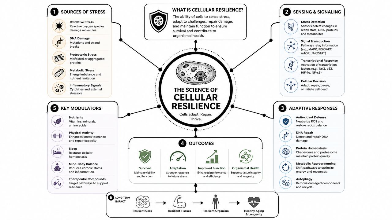 A detailed infographic explaining cellular resilience, including sources of stress, signaling pathways, and adaptive responses to stress.