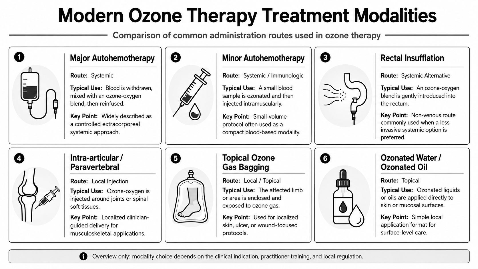 An infographic illustrating six modern ozone therapy treatment modalities, including autohemotherapy, insufflation, and various localized topical applications.