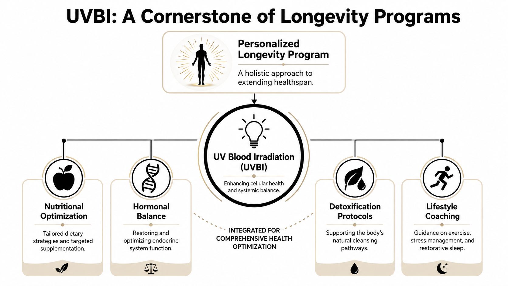 A diagram illustrating UV blood irradiation as a central pillar within a comprehensive personal longevity program.