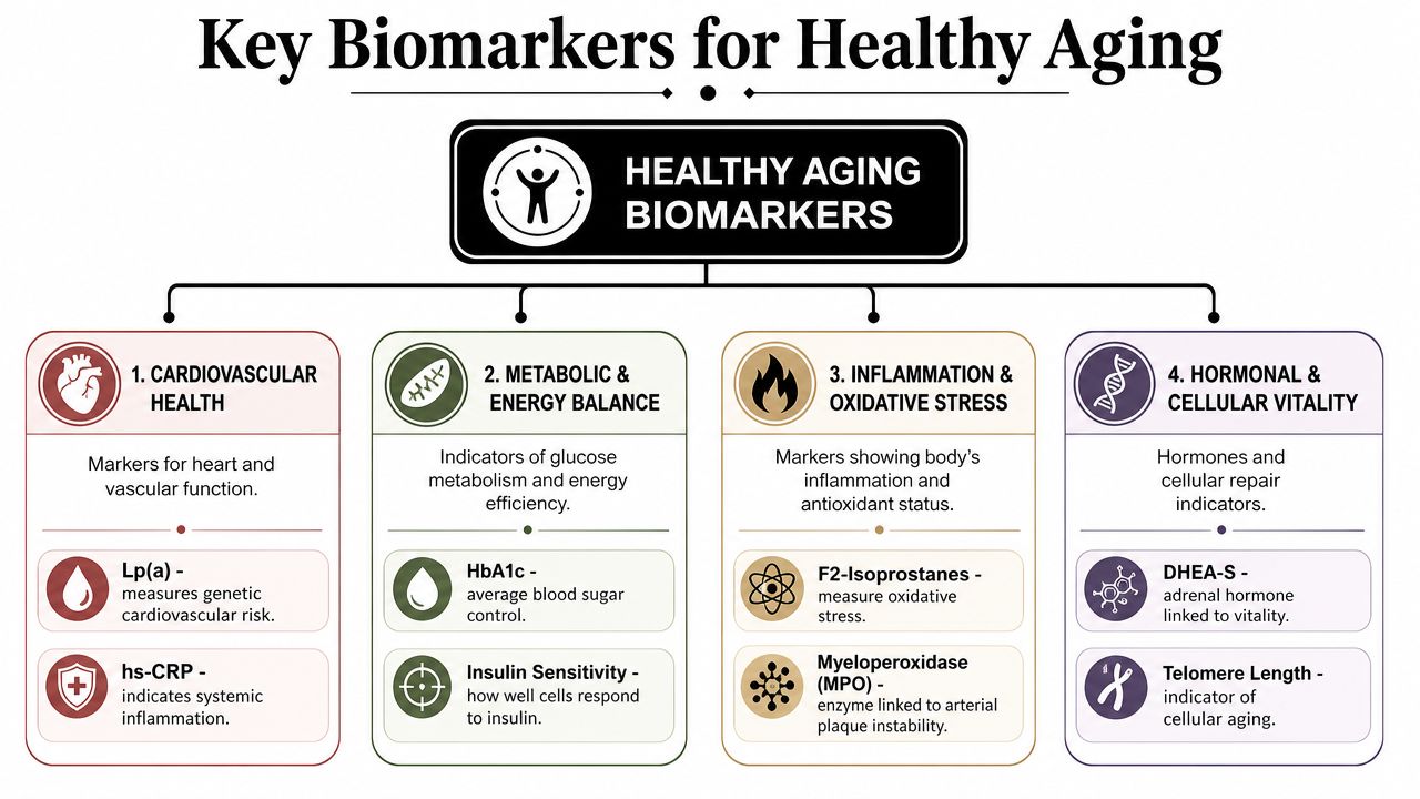 An infographic titled Key Biomarkers for Healthy Aging categorizing markers for cardiovascular, metabolic, inflammatory, and hormonal health.
