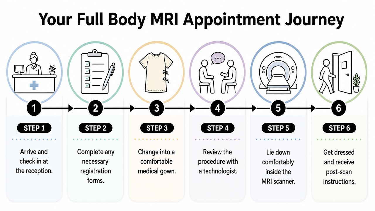 A step-by-step infographic showing the six stages of a full body MRI appointment journey.