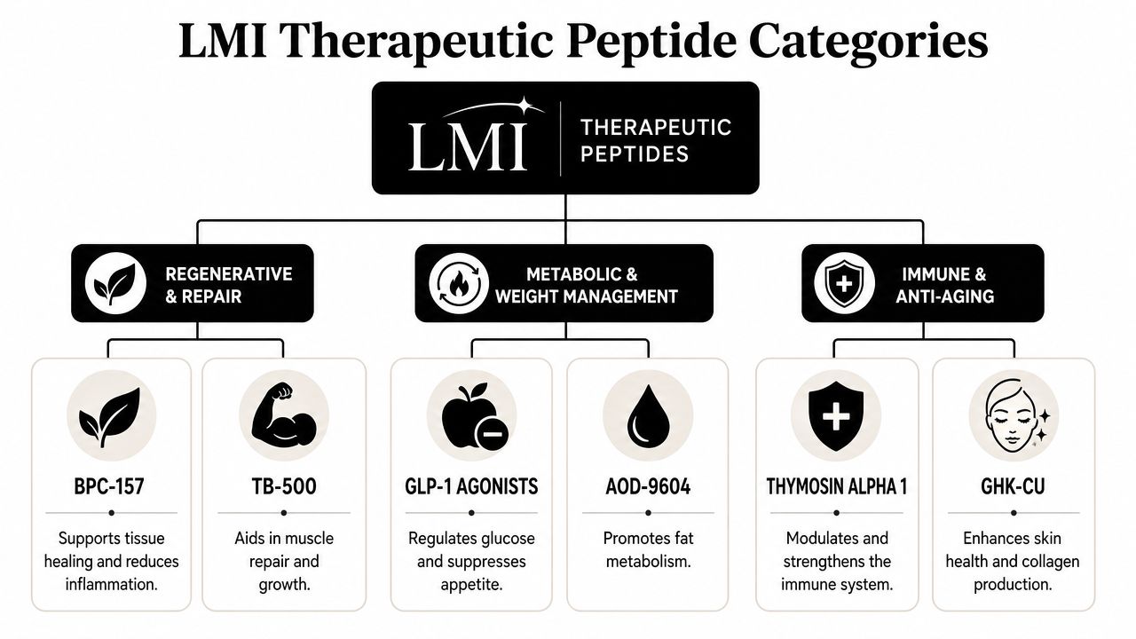 A chart showing LMI therapeutic peptide categories including regenerative, metabolic, weight management, immune, and anti-aging treatments.