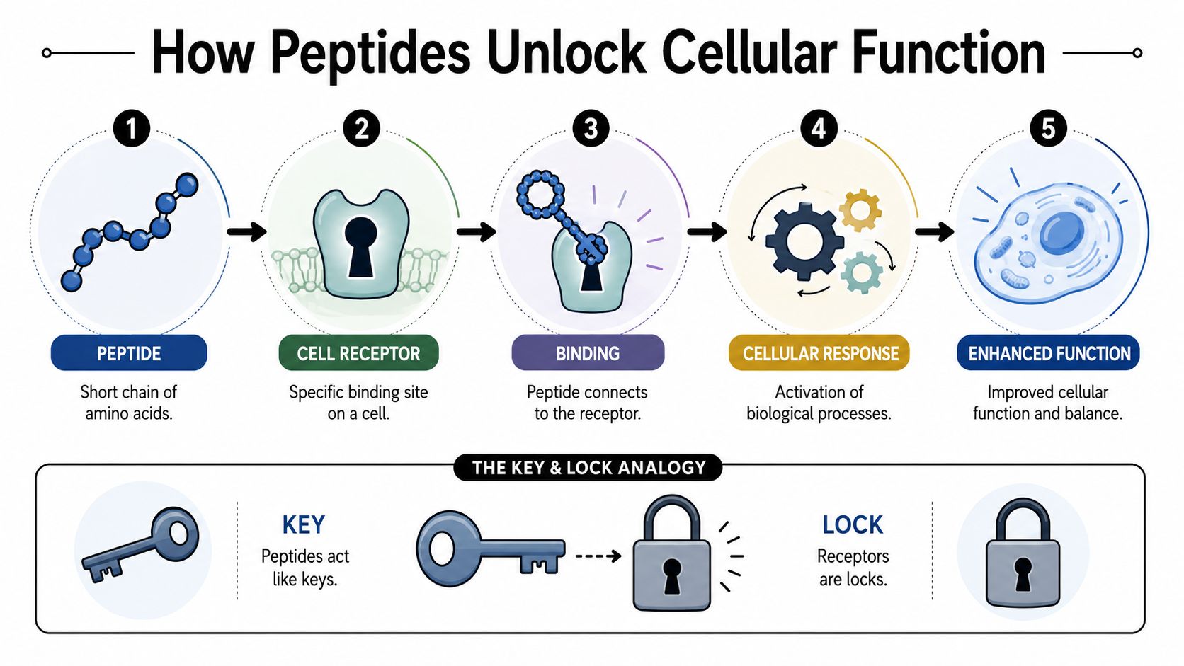 A five-step infographic explaining how peptides interact with cellular receptors like a key unlocking a lock.