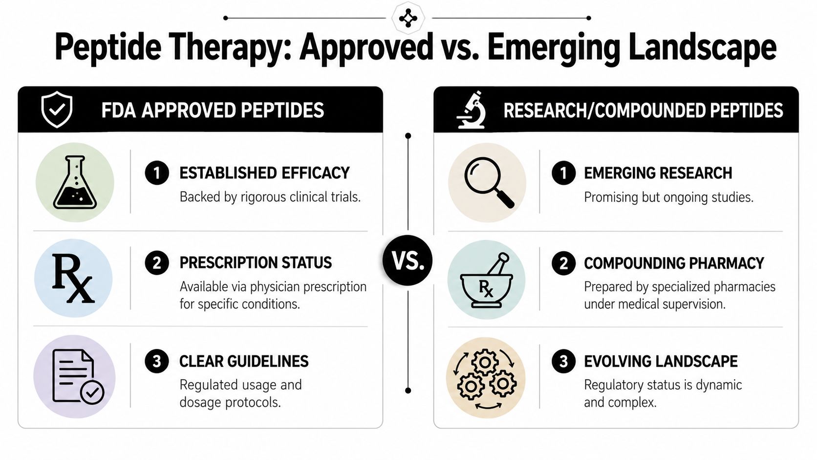 A comparison infographic showing the key differences between FDA-approved peptides and research or compounded peptide therapies.