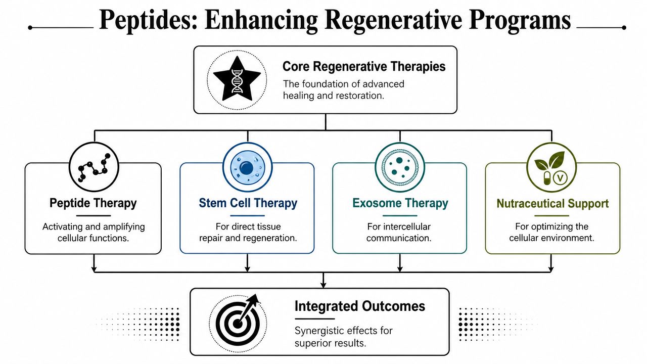 A diagram illustrating how peptides, stem cells, exosomes, and nutraceuticals integrate to achieve superior regenerative medicine outcomes.
