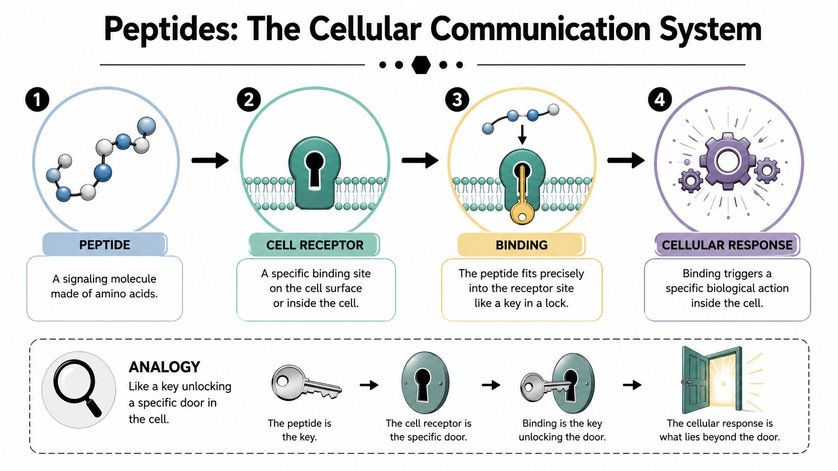 A diagram illustrating how peptide therapy works by signaling molecules binding to cell receptors to trigger responses.