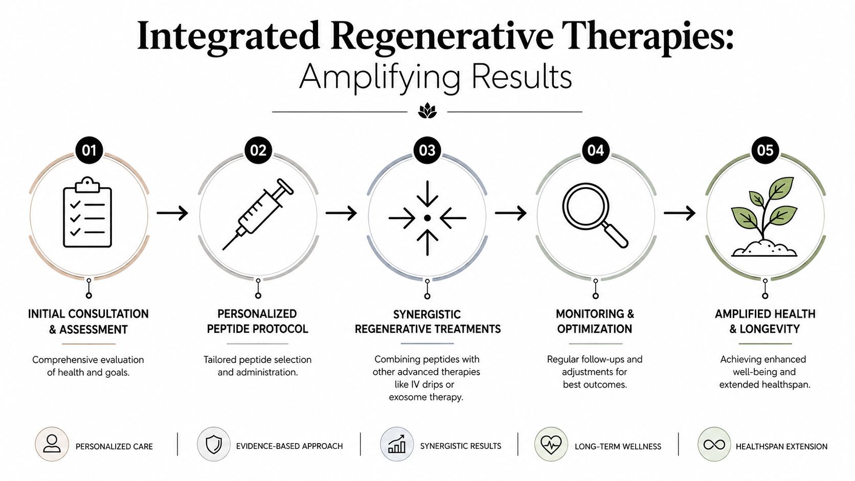 A five-step infographic illustrating an integrated regenerative therapy process, from initial consultation to achieving enhanced health and longevity.