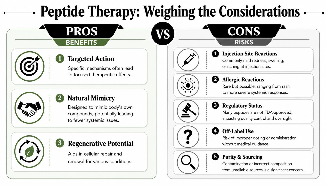 An infographic comparing the benefits and risks of peptide therapy, highlighting its targeted action and potential side effects.