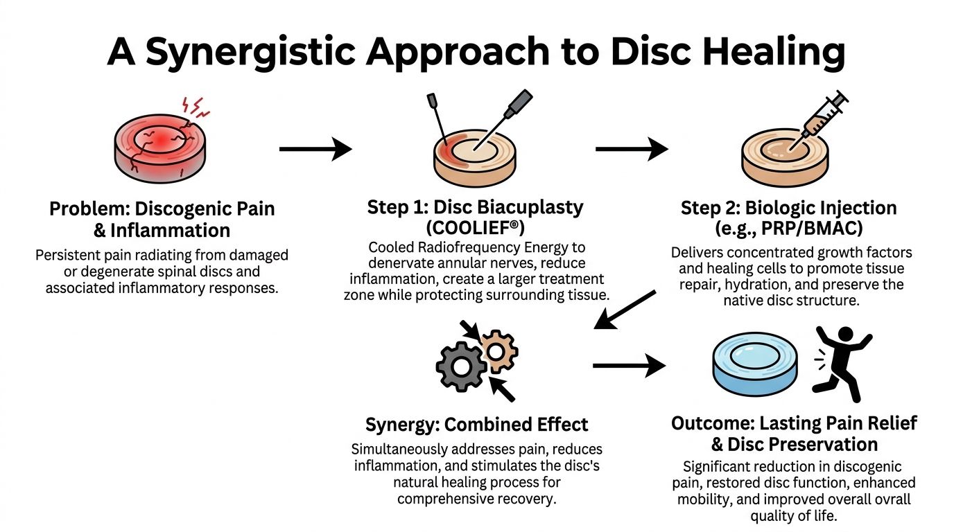 A diagram illustrating a synergistic approach to disc healing through biacuplasty and biologic injections.