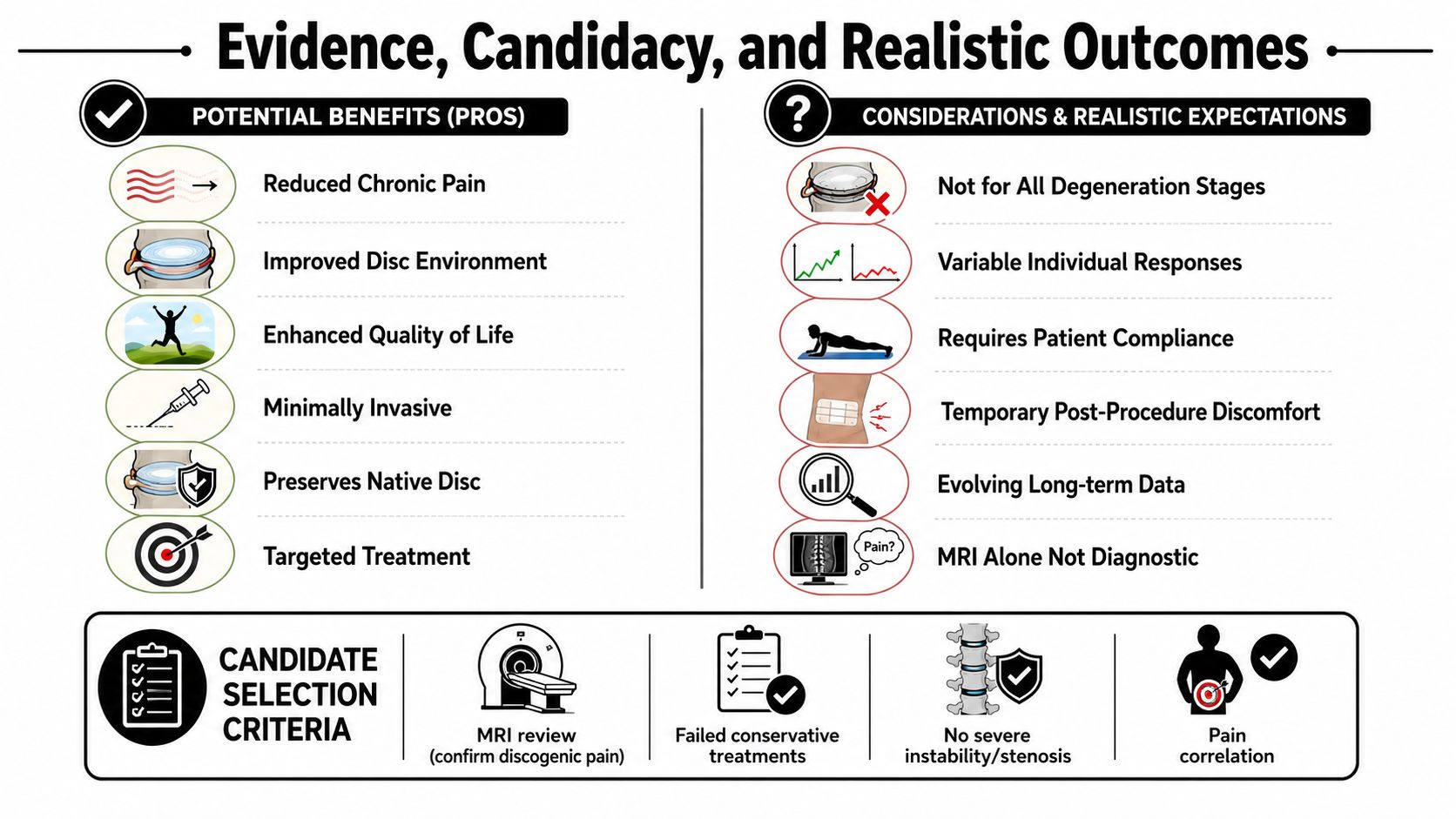 An infographic detailing the potential benefits, considerations, and candidate selection criteria for regenerative disc therapy procedures.