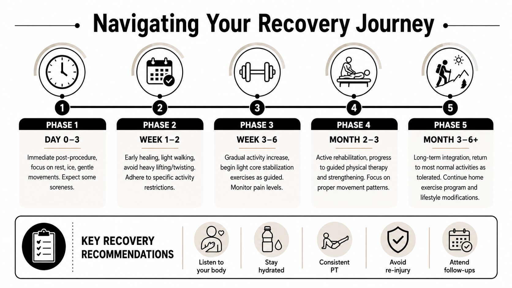 An infographic titled Navigating Your Recovery Journey showing a five-phase timeline for post-procedure physical rehabilitation.