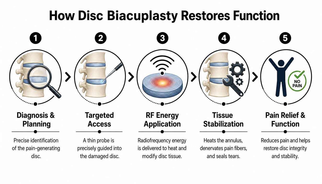 A five-step infographic showing how disc biacuplasty treats back pain using targeted radiofrequency energy to restore stability.