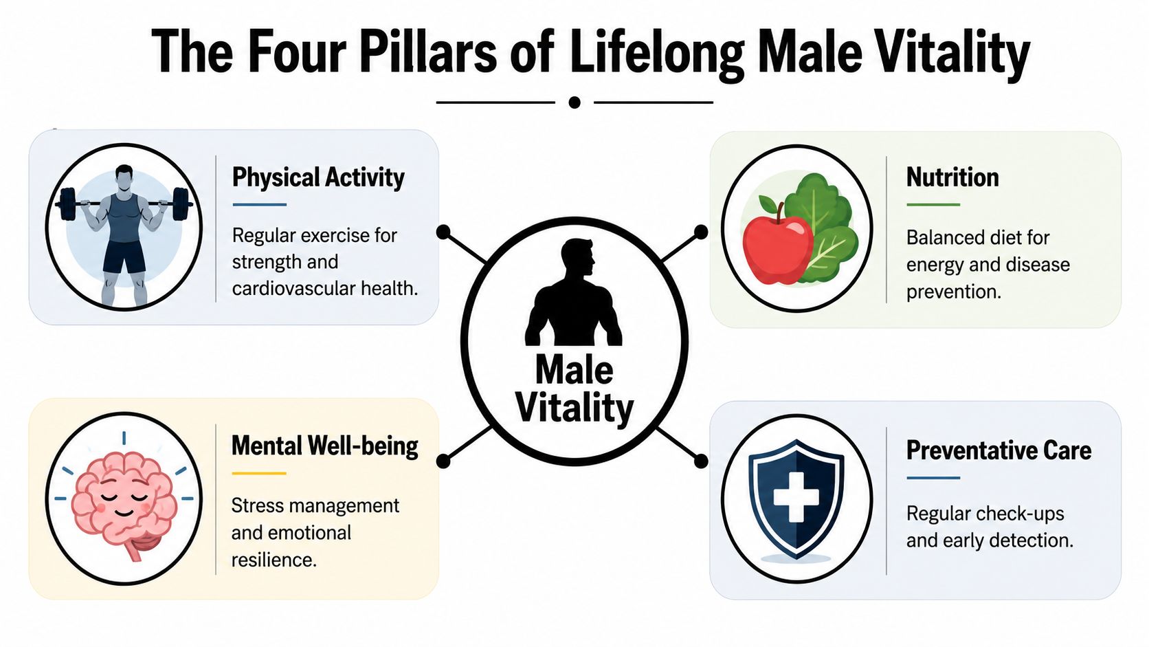 A diagram outlining the four pillars of male vitality: physical activity, nutrition, mental well-being, and preventative care.