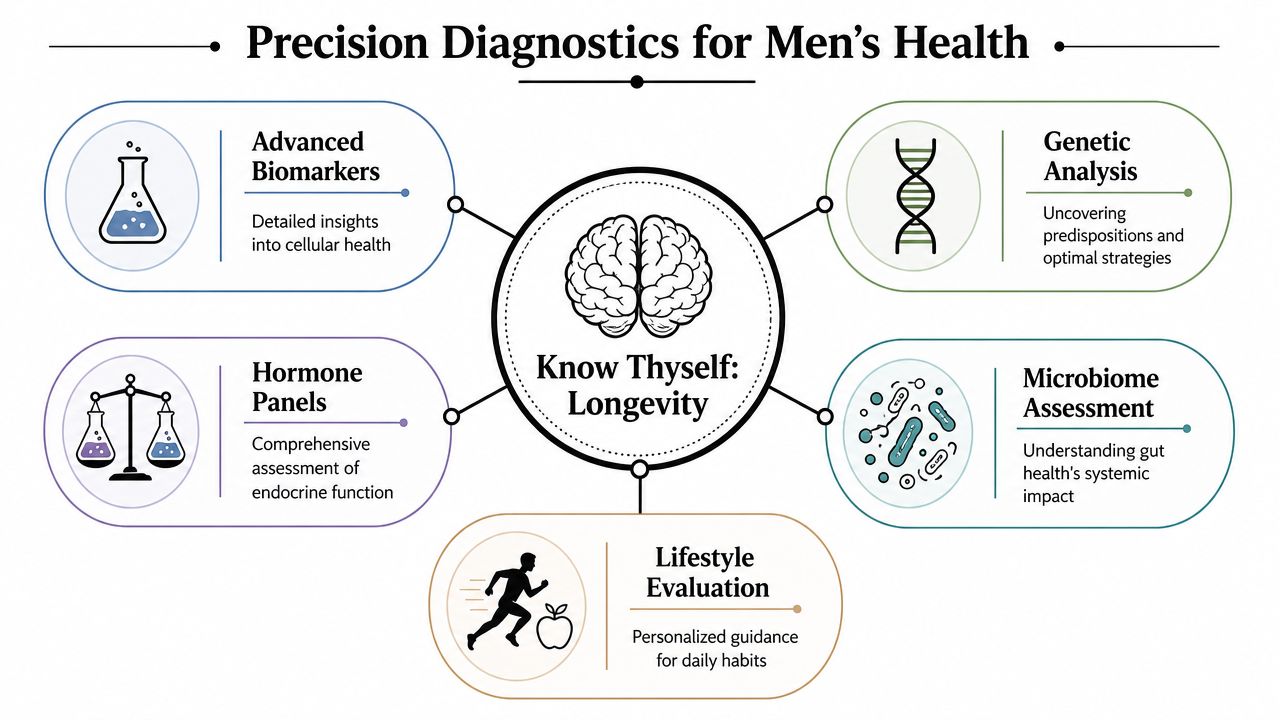 A diagnostic health chart illustrating five key focus areas for improving men's health and longevity.
