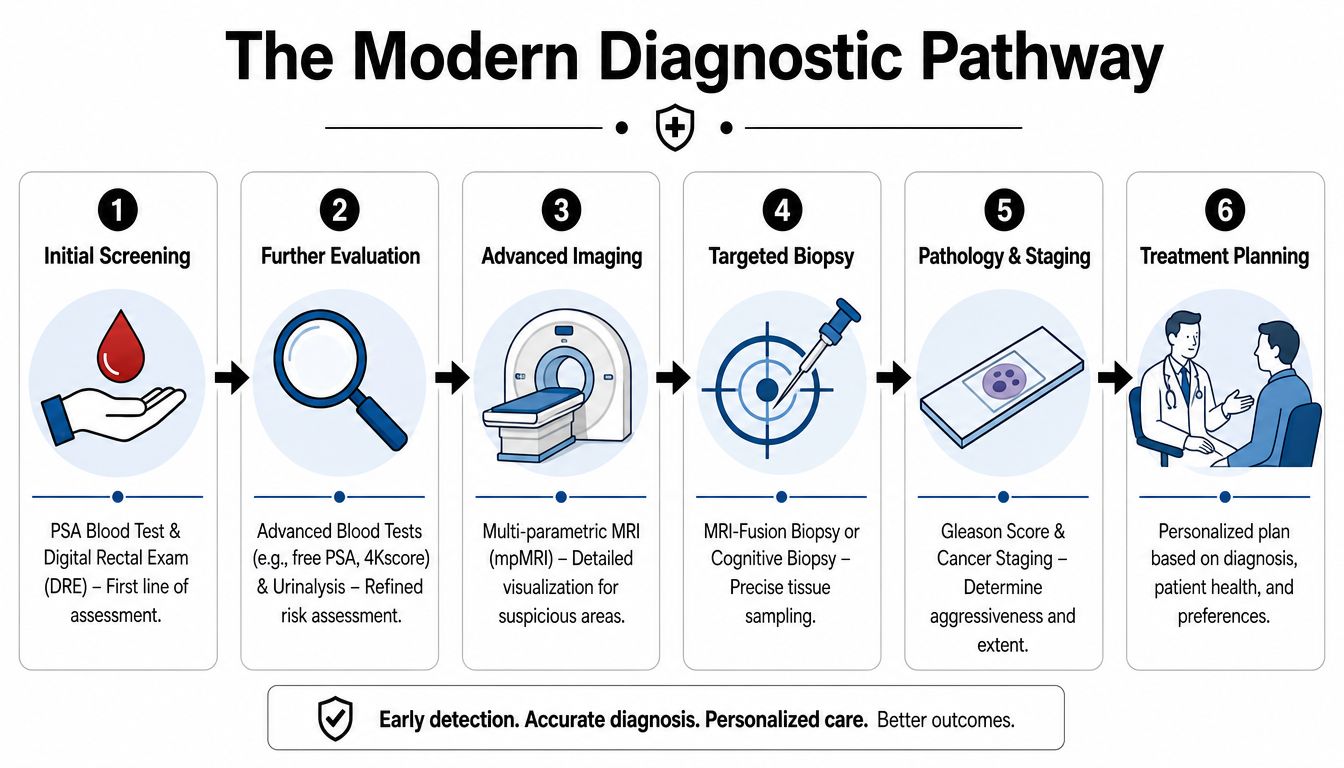 A diagram illustrating the six steps of the modern prostate cancer diagnostic pathway from screening to treatment.