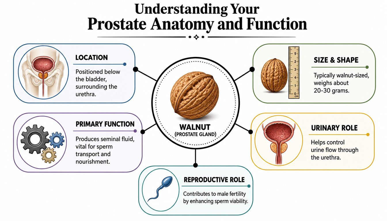 An infographic illustrating the location, size, functions, and reproductive role of the human prostate gland.