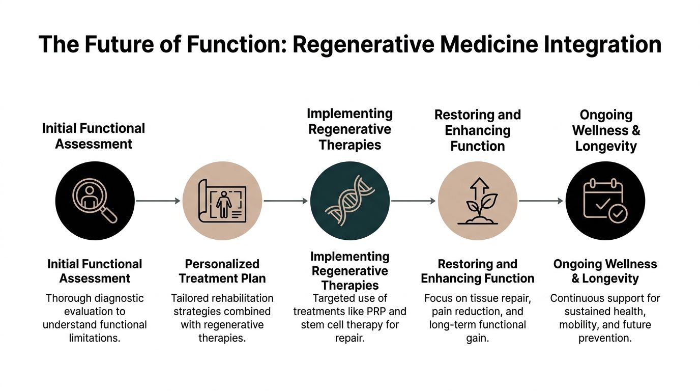 A diagram illustrating the five stages of integrating regenerative medicine into functional treatment and patient recovery.