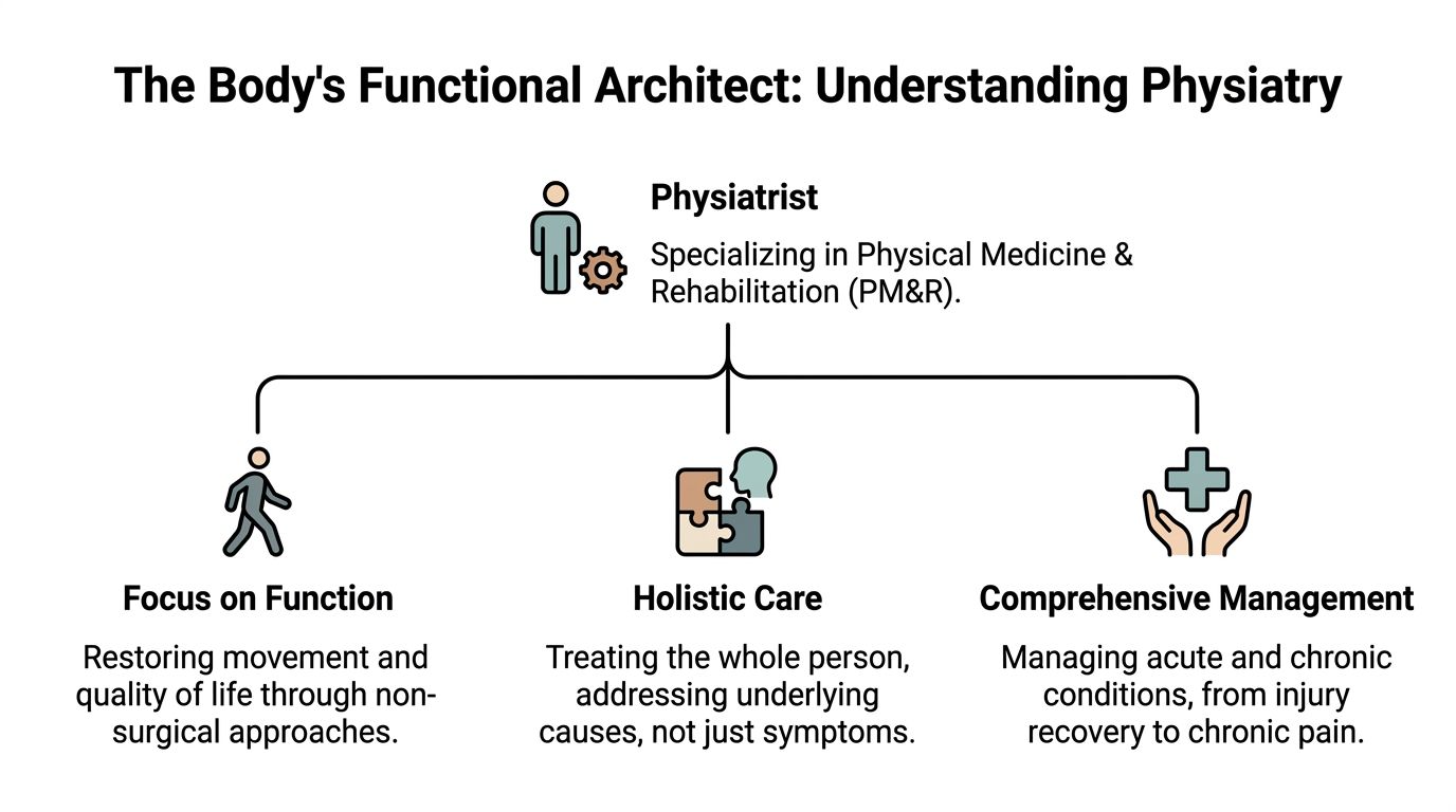An infographic titled The Body's Functional Architect explaining the role of a physiatrist in rehabilitation medicine.