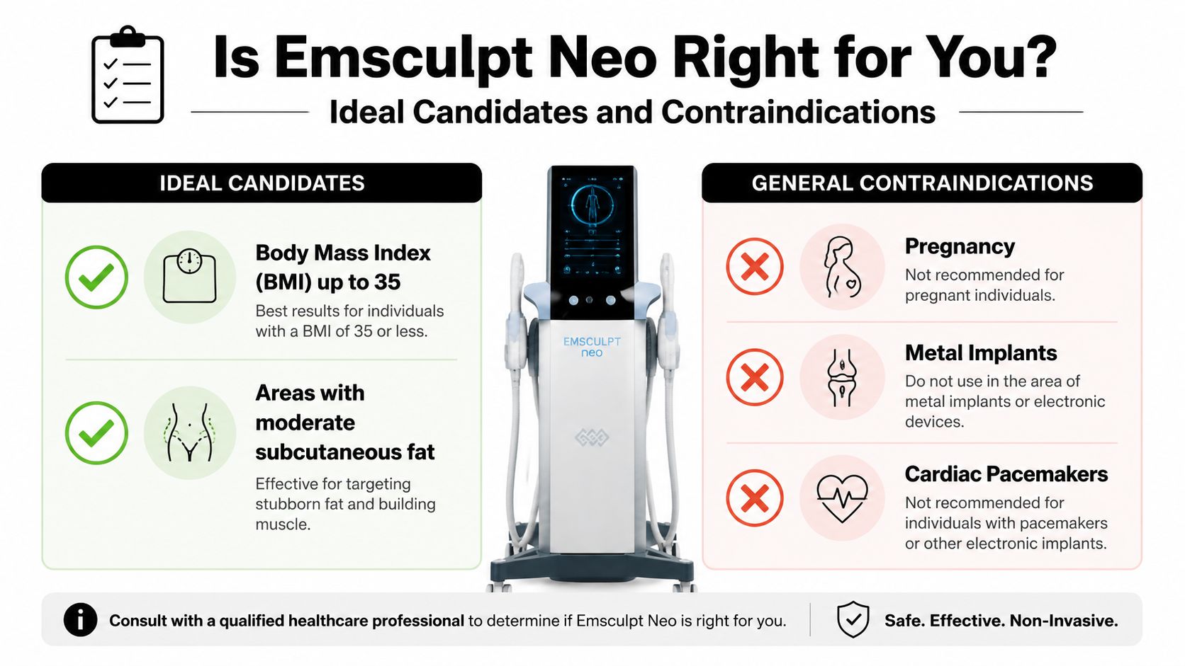 An infographic detailing ideal candidates and general contraindications for the Emsculpt Neo body contouring treatment system.