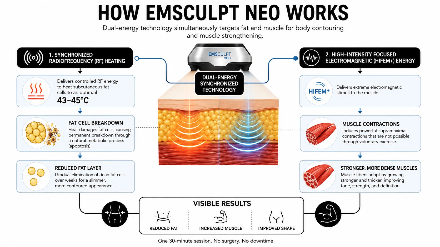 A detailed infographic explaining how Emsculpt Neo uses dual-energy technology for fat reduction and muscle strengthening.