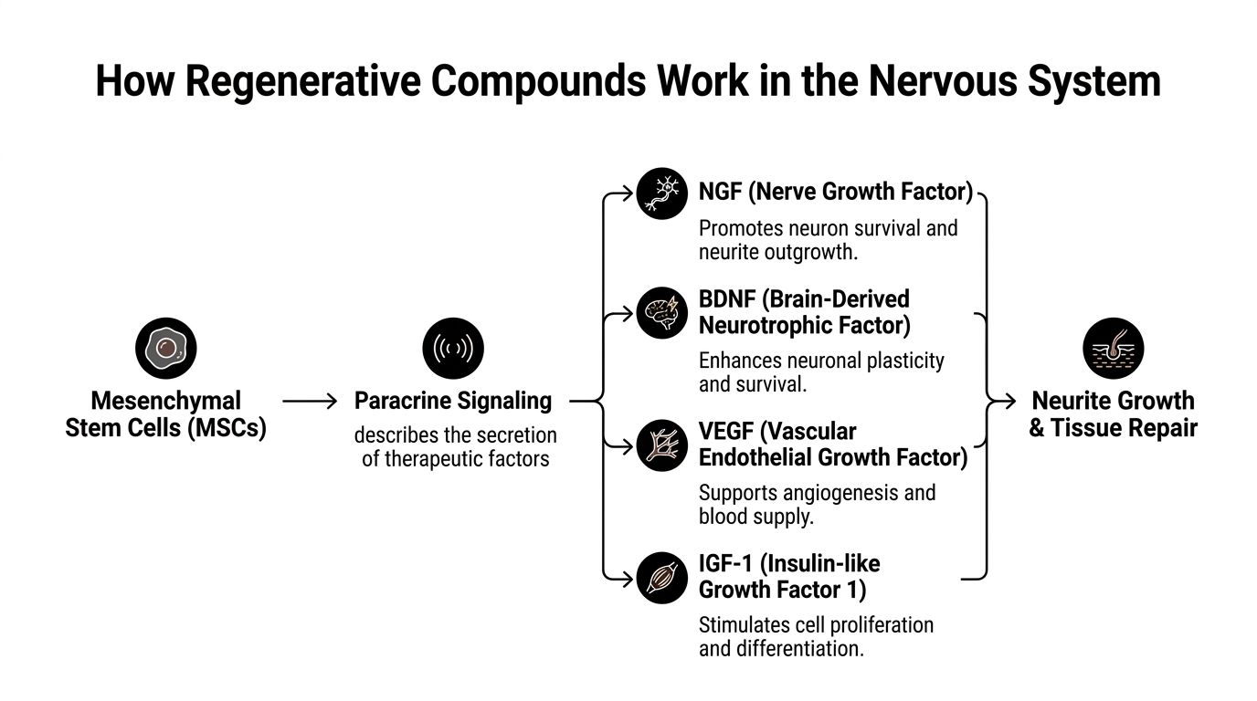 A diagram illustrating how Mesenchymal Stem Cells use paracrine signaling to release growth factors for tissue repair.
