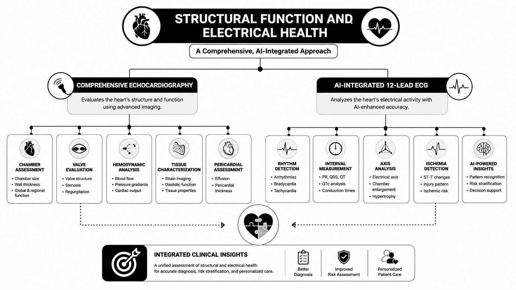 A diagram illustrating a comprehensive approach combining echocardiography and AI-integrated ECG for cardiovascular health assessment.