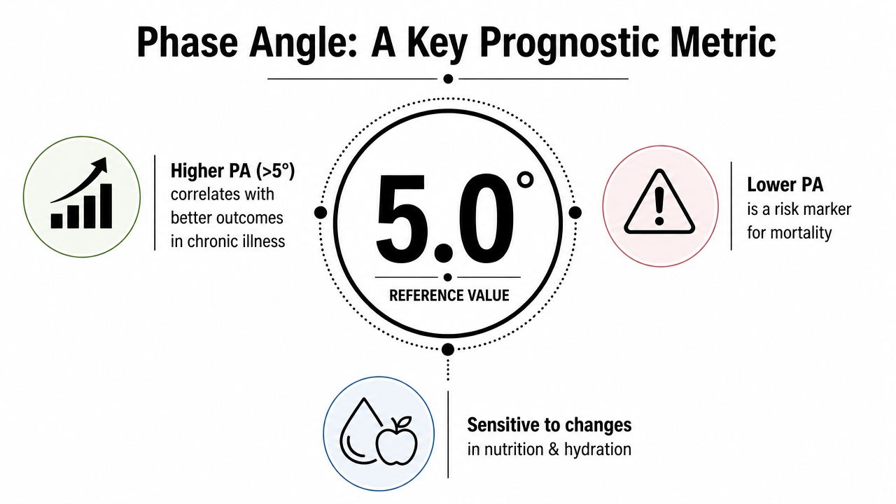 An infographic titled Phase Angle: A Key Prognostic Metric, showing a 5.0 degree reference value for health.