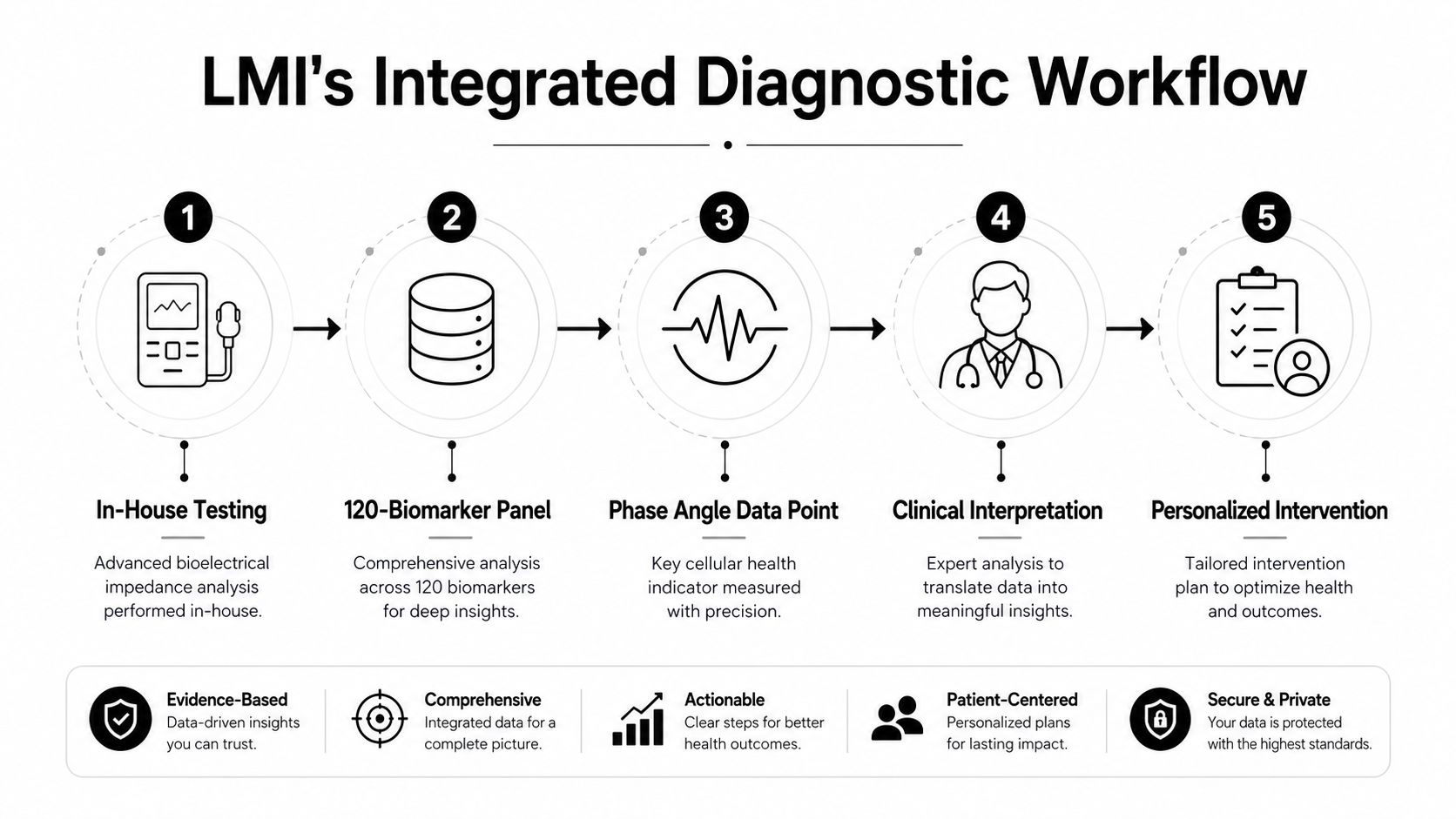A five-step LMI integrated diagnostic workflow diagram illustrating health testing processes from data collection to personalized intervention plans.