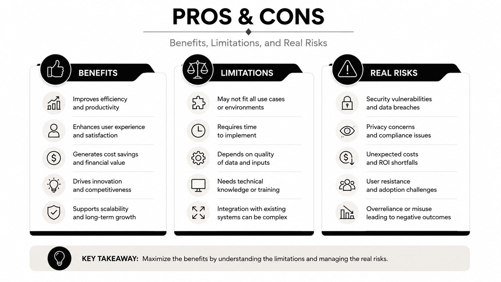 A structured infographic titled Pros and Cons outlining benefits, limitations, and real risks in business operations.