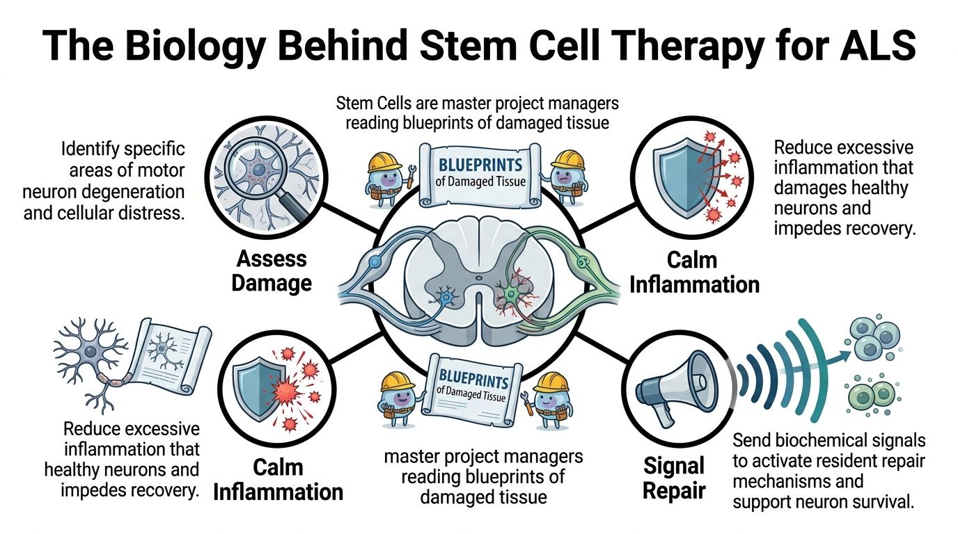 An infographic showing the four key biological processes of stem cell therapy for treating ALS.