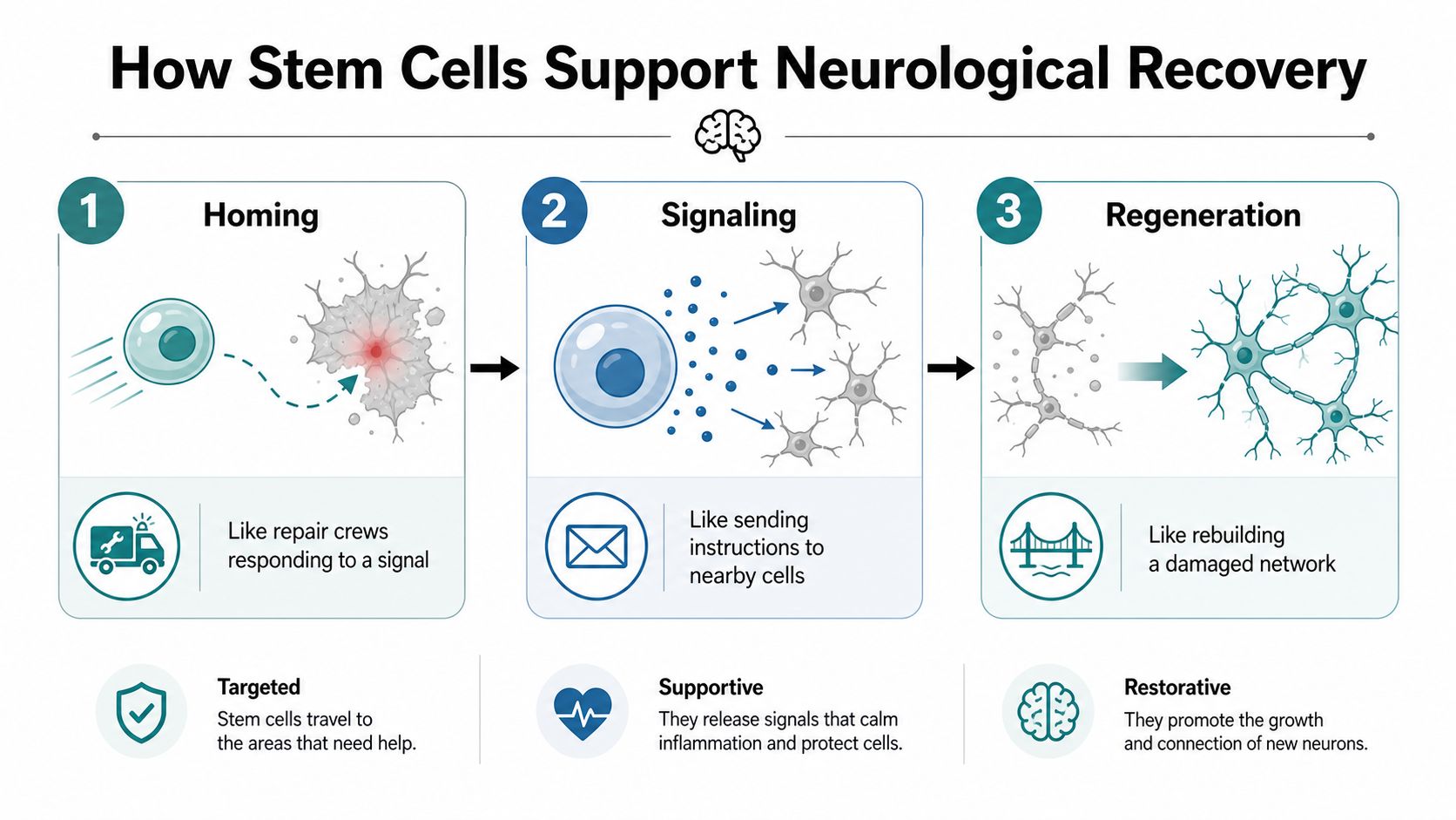 A diagram illustrating how stem cells support neurological recovery through homing, signaling, and tissue regeneration processes.