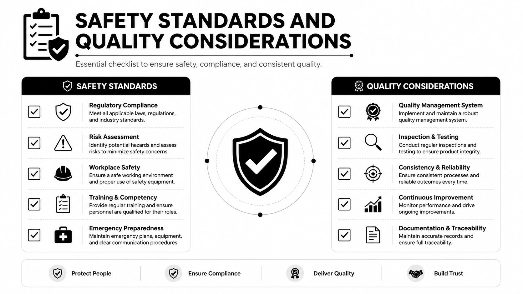 An infographic showing safety standards and quality considerations with checklists for compliance, risk, and improvement.