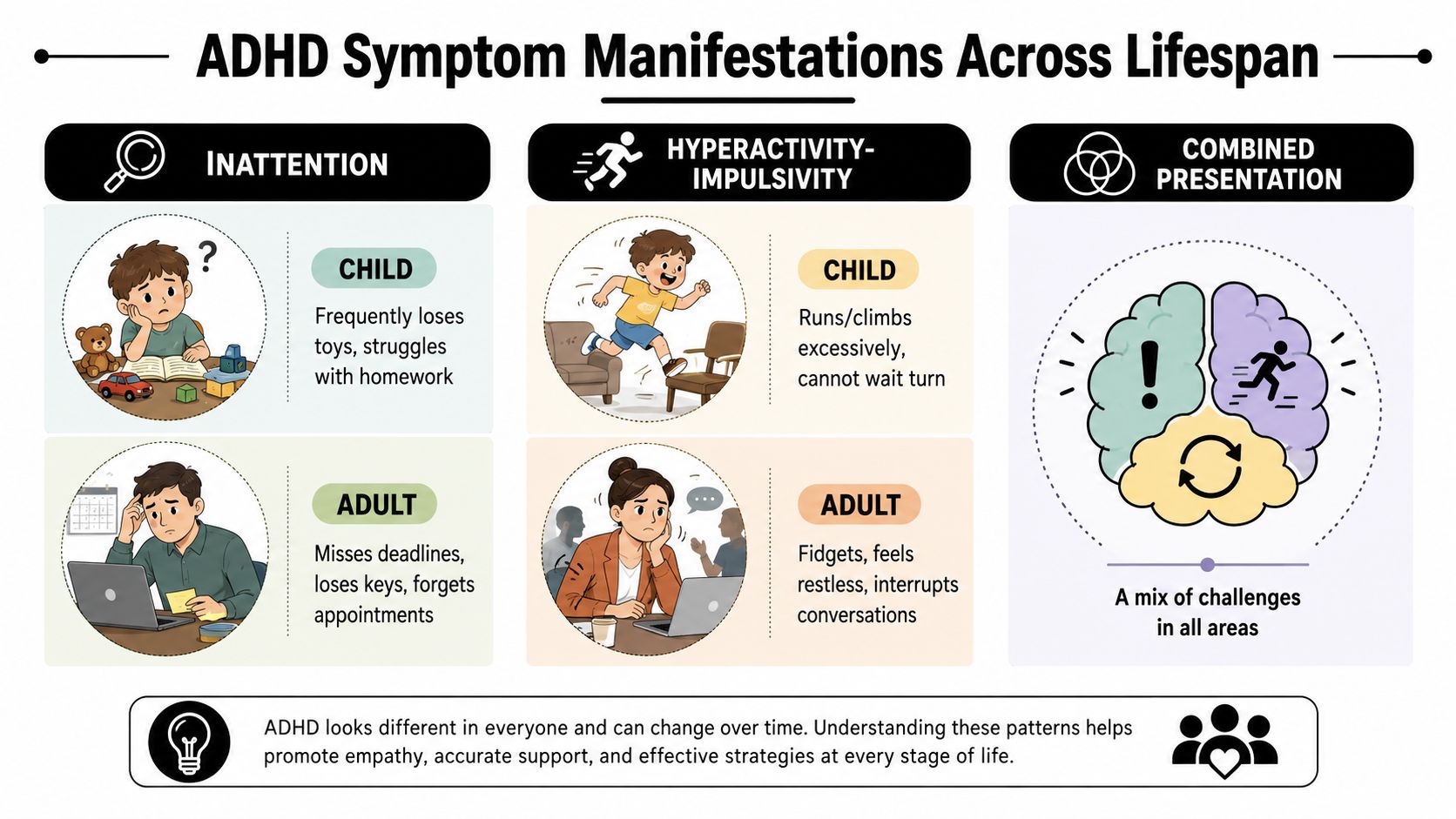 An infographic illustrating how ADHD symptoms manifest differently in children and adults, focusing on inattention and hyperactivity.