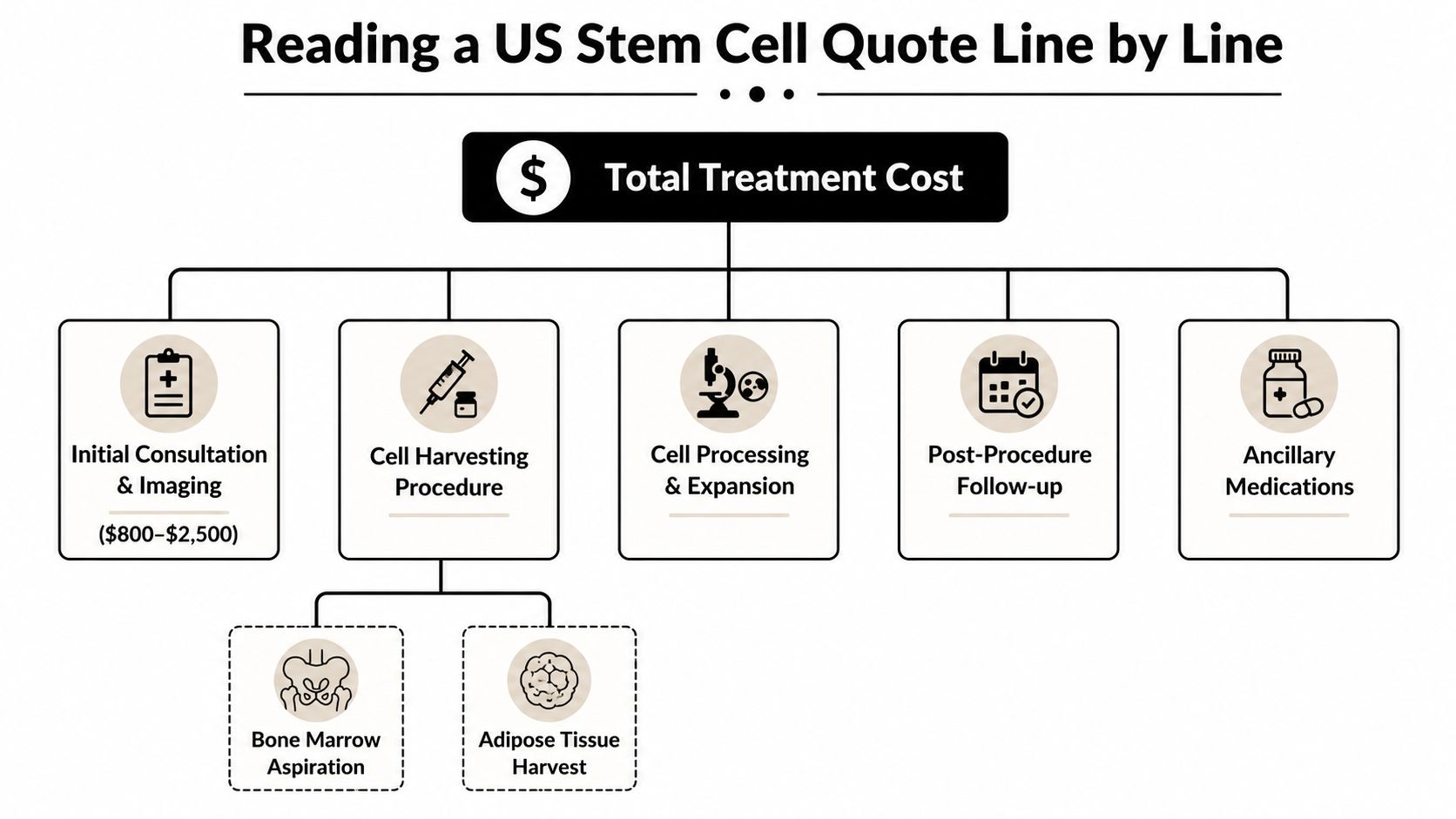 An infographic diagram breaking down the various components and costs involved in US stem cell therapy.