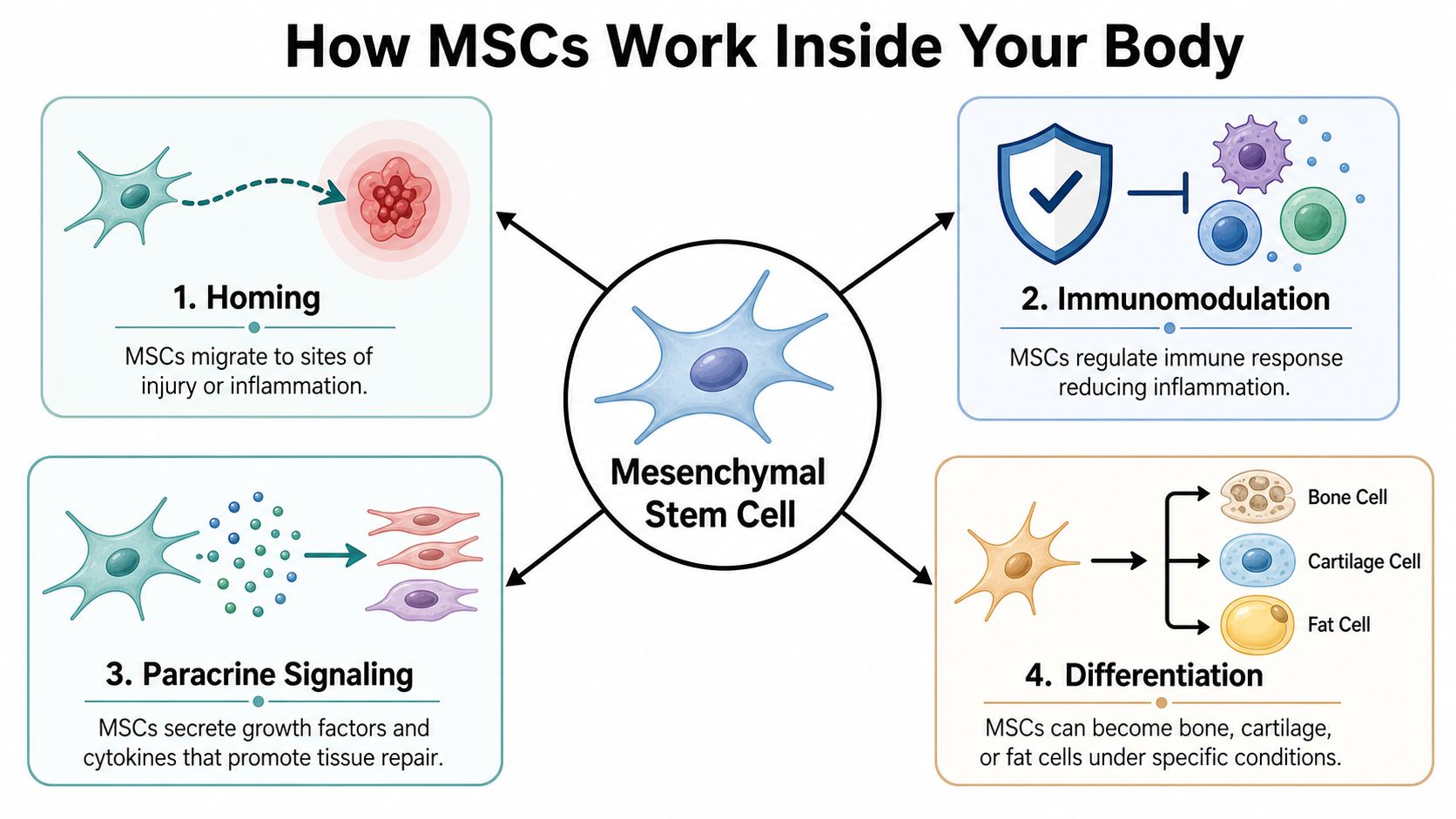 A diagram illustrating the four primary functions of mesenchymal stem cells in the human body.