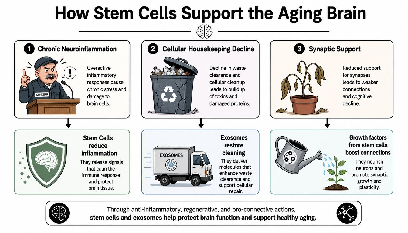 An infographic illustrating how stem cells and exosomes help maintain brain health, reduce inflammation, and improve cognition.