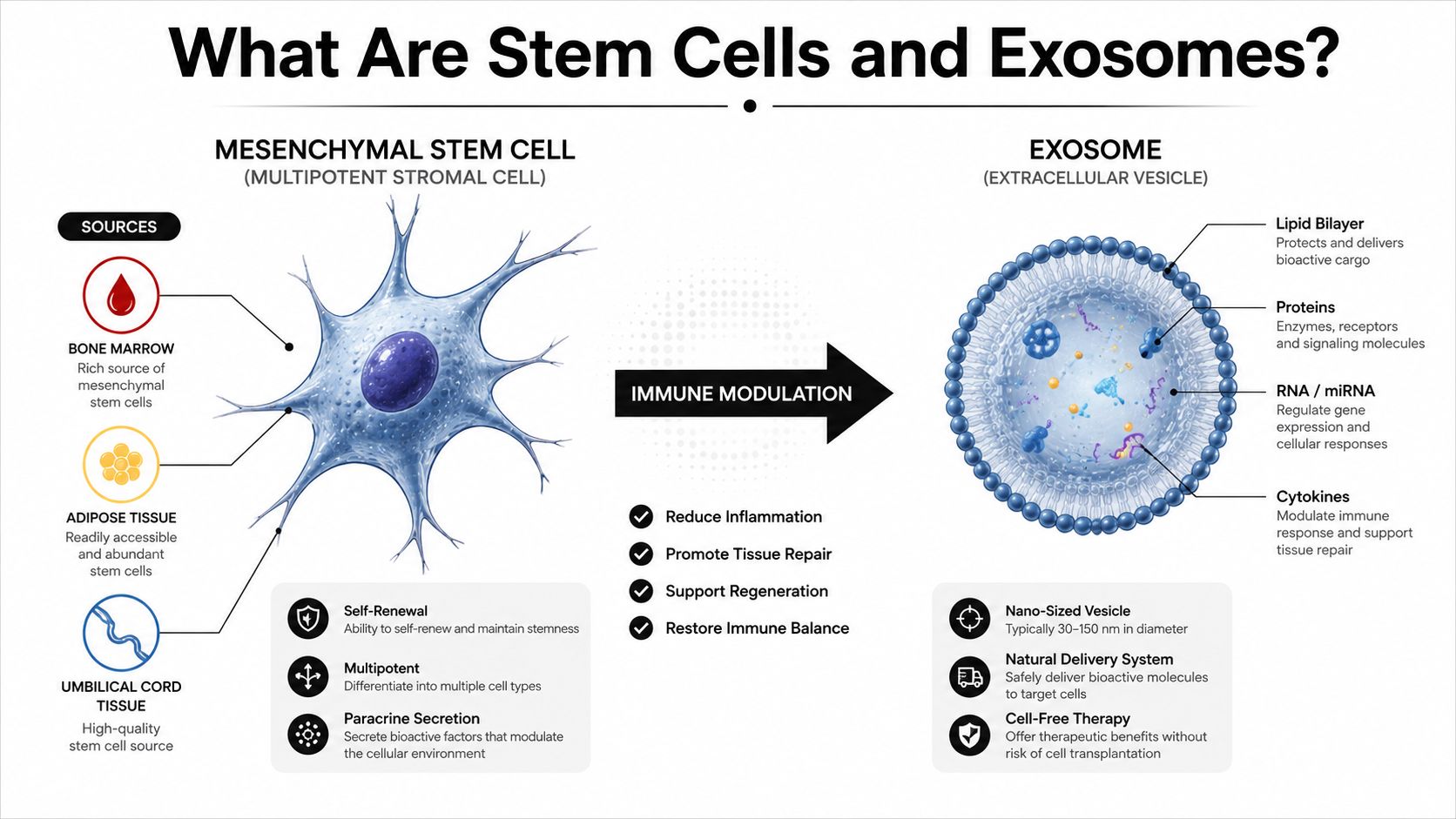 An infographic illustrating the relationship between mesenchymal stem cells and exosomes for therapeutic use in medical treatments.