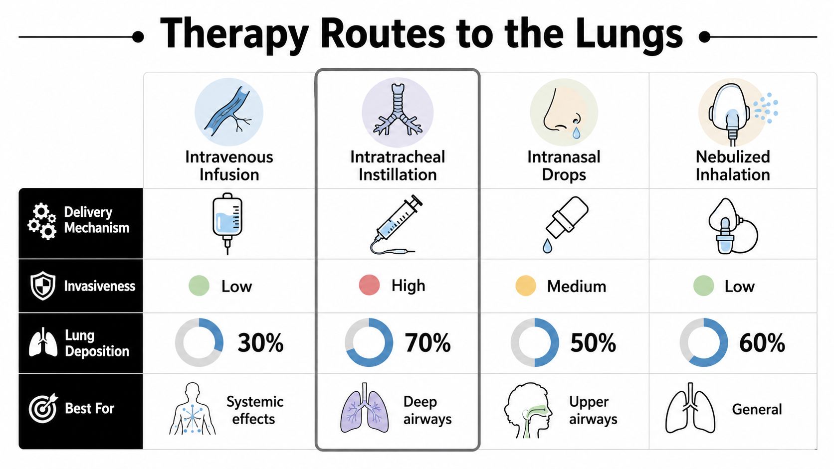 A chart comparing four therapy routes to the lungs: intravenous, intratracheal, intranasal, and nebulized methods.