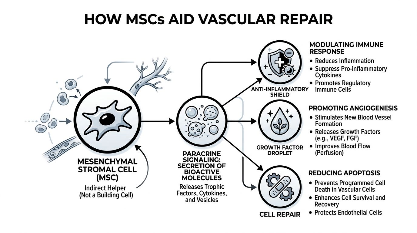 A diagram illustrating how mesenchymal stromal cells aid vascular repair through paracrine signaling and various mechanisms.