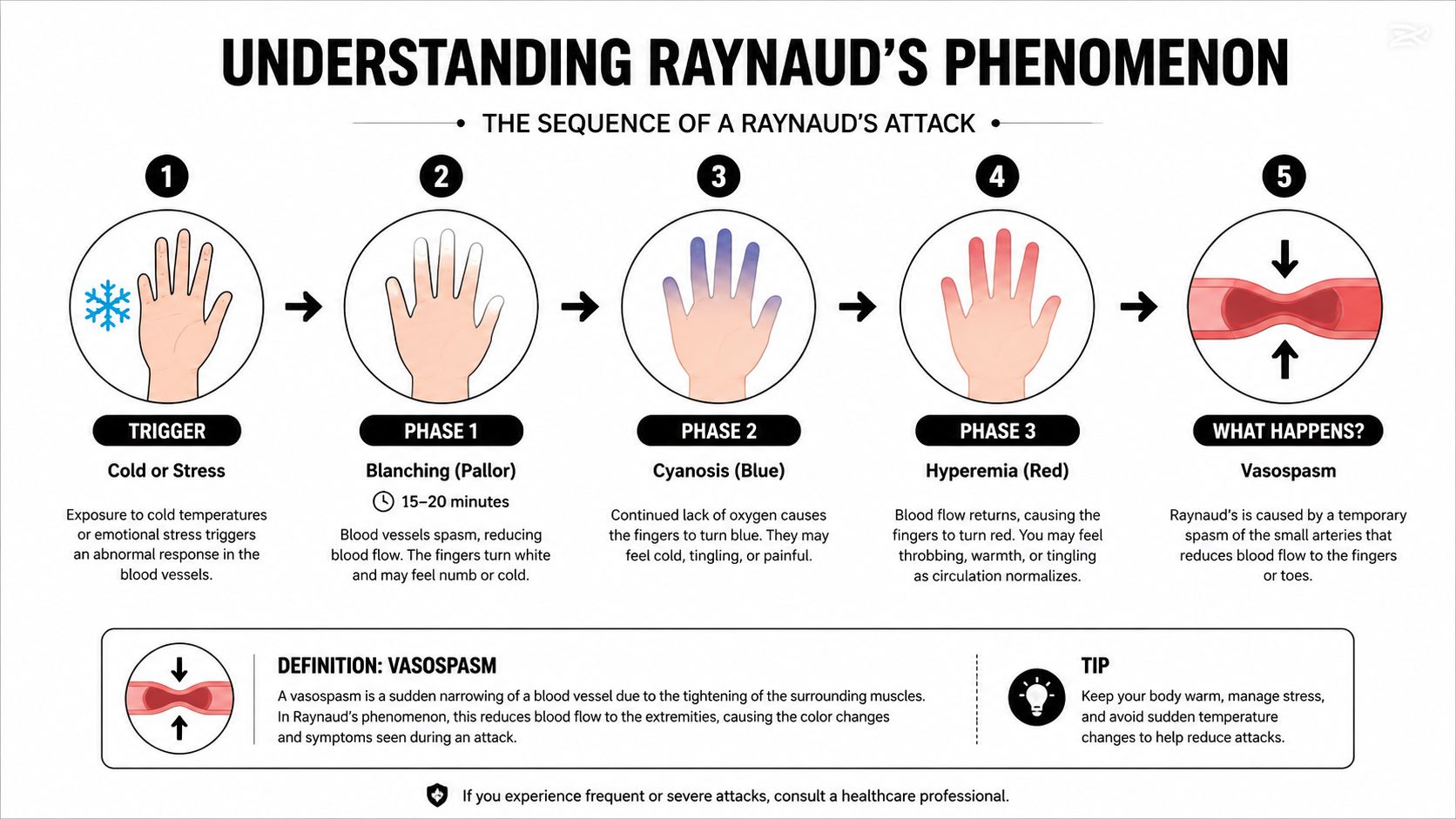 A diagram illustrating the stages of a Raynaud's phenomenon attack, from triggers to vasospasm.