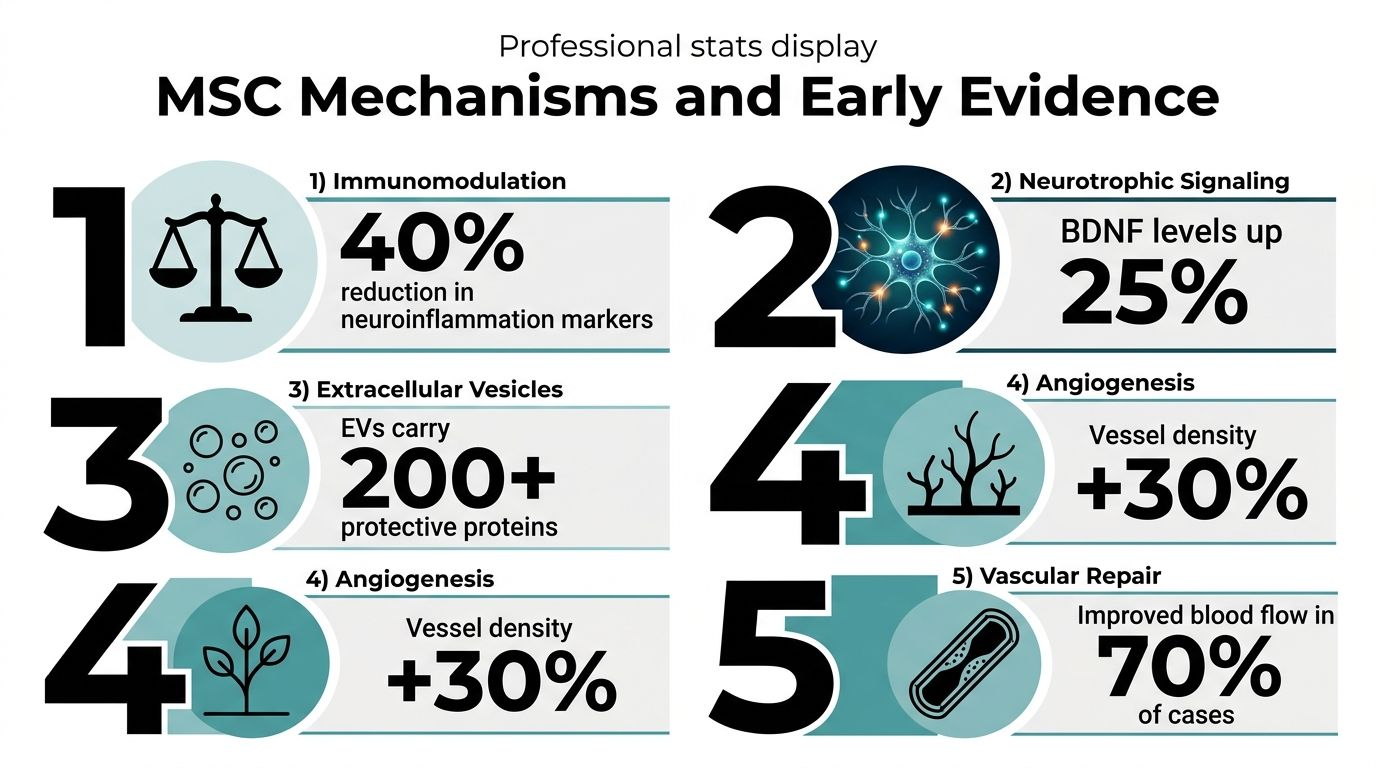 An infographic showing five key mechanisms of MSC stem cell therapy and their supporting scientific statistics.