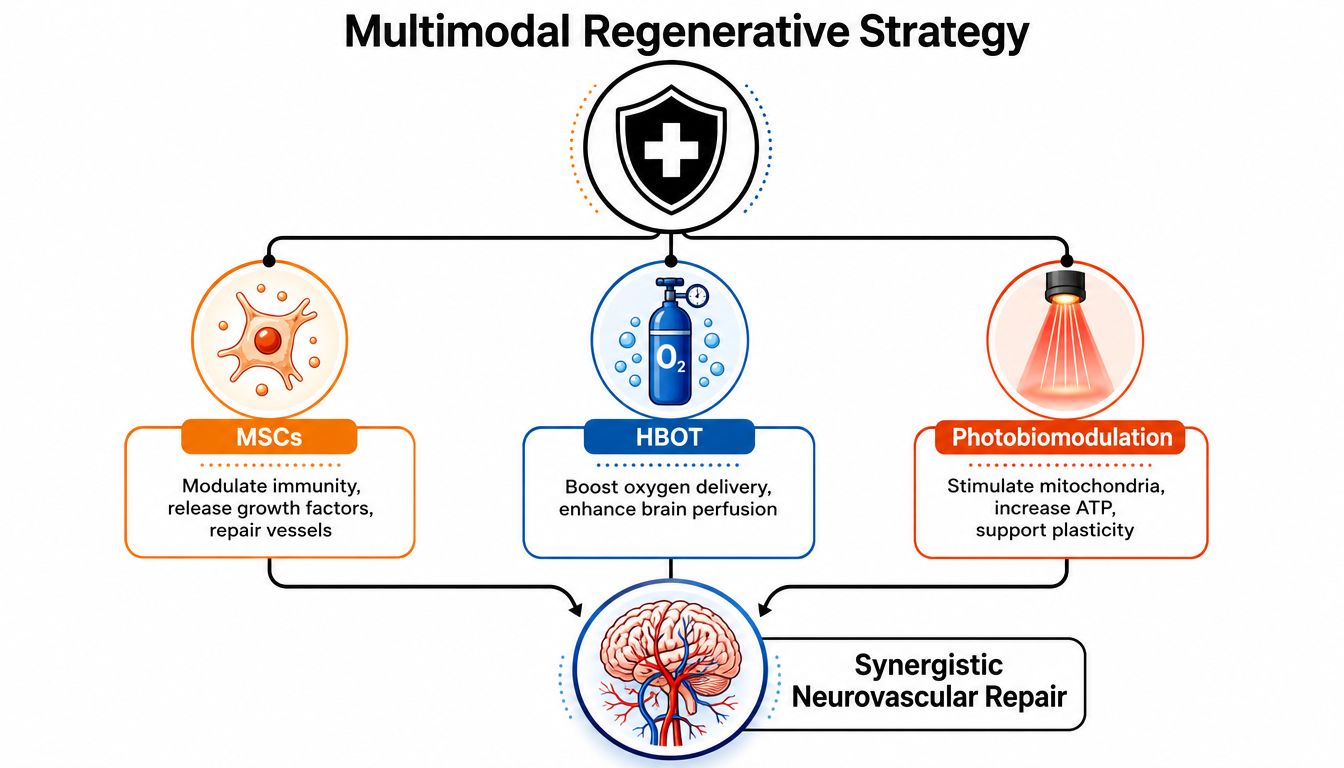 A diagram illustrating a multimodal regenerative strategy for neurovascular repair using stem cells, oxygen therapy, and photobiomodulation.