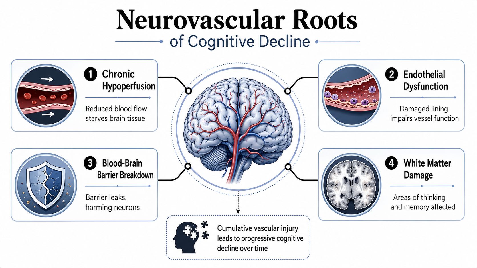 An infographic showing four key neurovascular causes of cognitive decline, including hypoperfusion, endothelial dysfunction, barrier breakdown, and white matter damage.