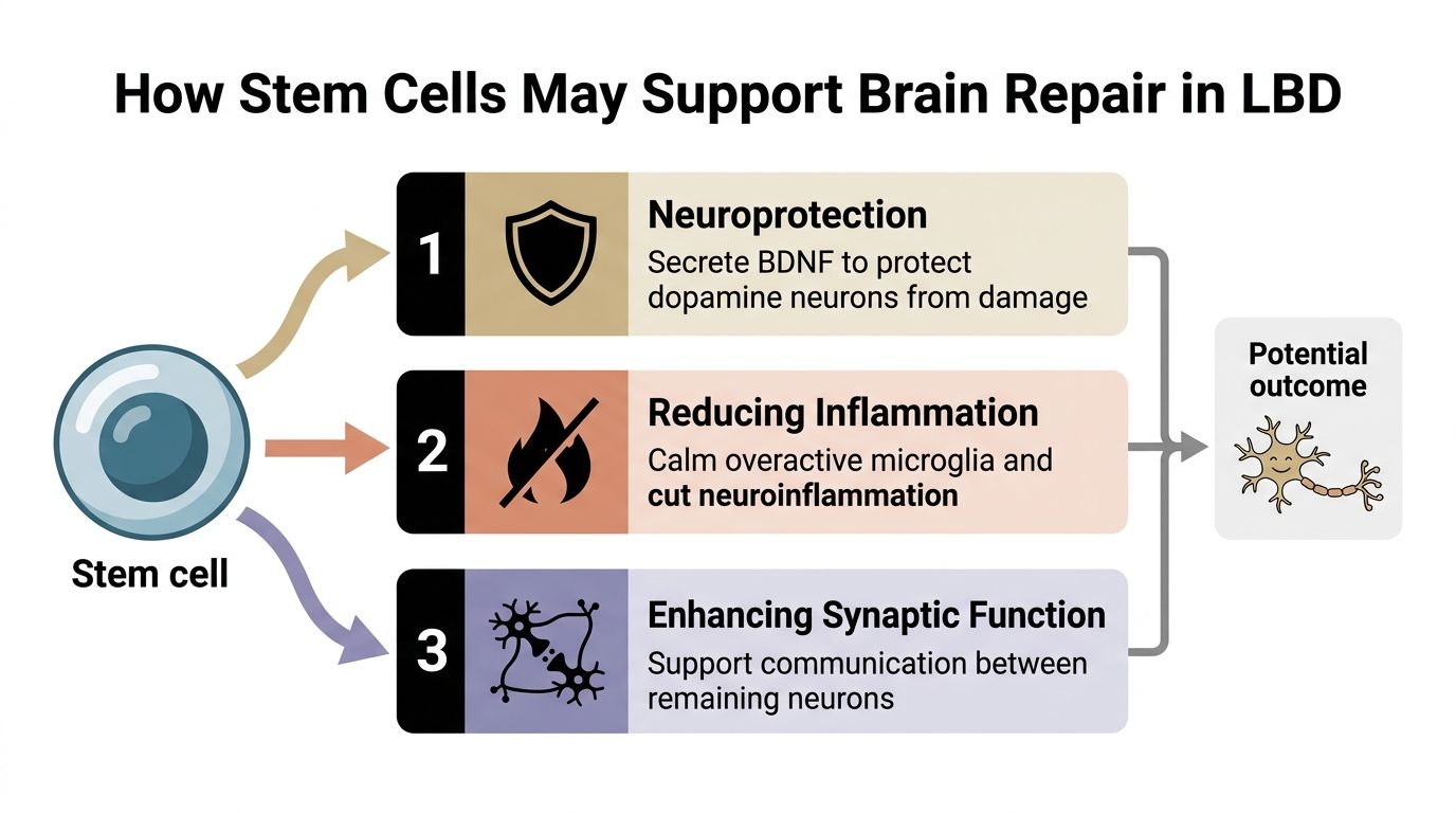 A diagram illustrating three ways stem cells may support brain repair in Lewy Body Dementia patients.