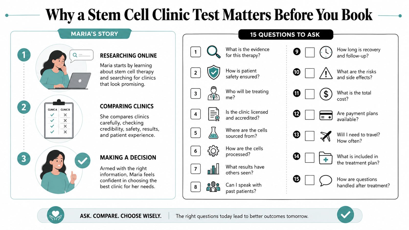 An infographic titled Why a Stem Cell Clinic Test Matters listing fifteen important questions for patients.