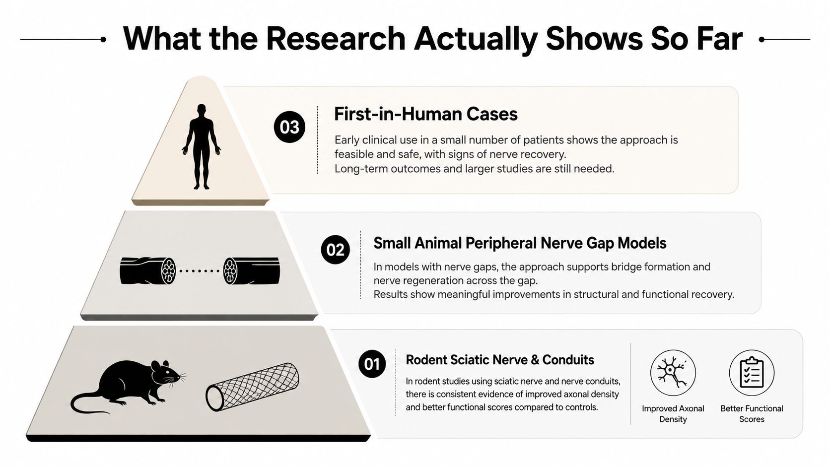 A pyramid diagram showing the stages of research from rodent nerve models to human clinical cases.