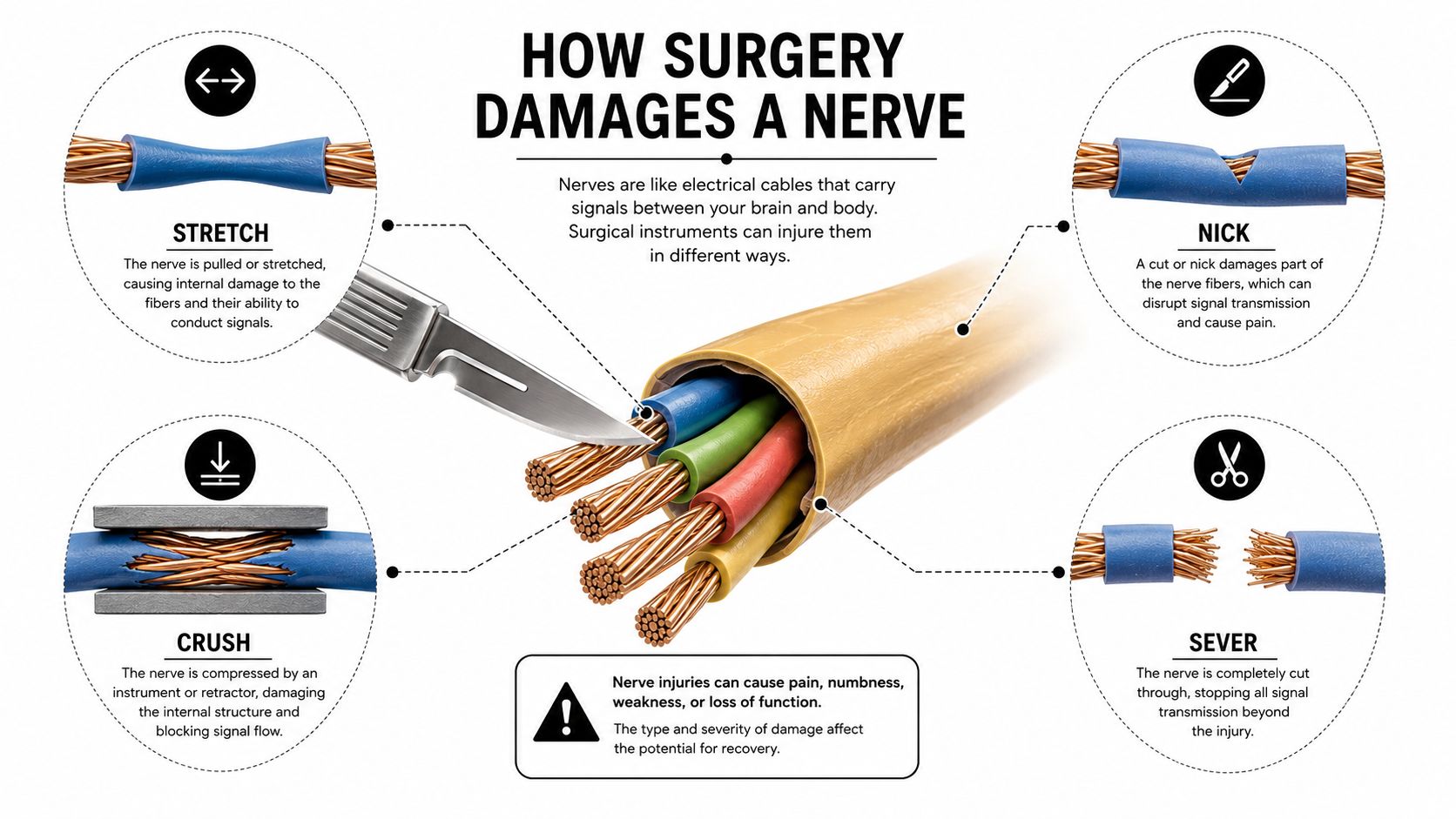 A medical illustration explaining four ways surgical instruments can damage nerves, using electrical cables as a metaphor.