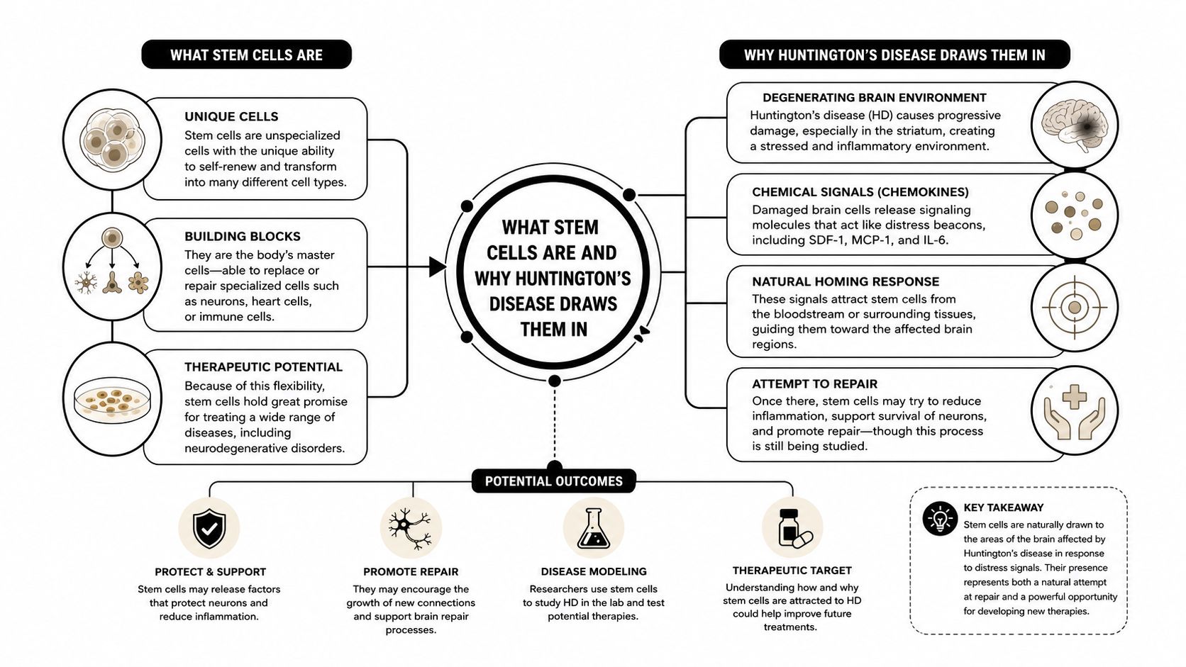 A diagram explaining how stem cells are naturally attracted to damaged brain areas in Huntington's disease.