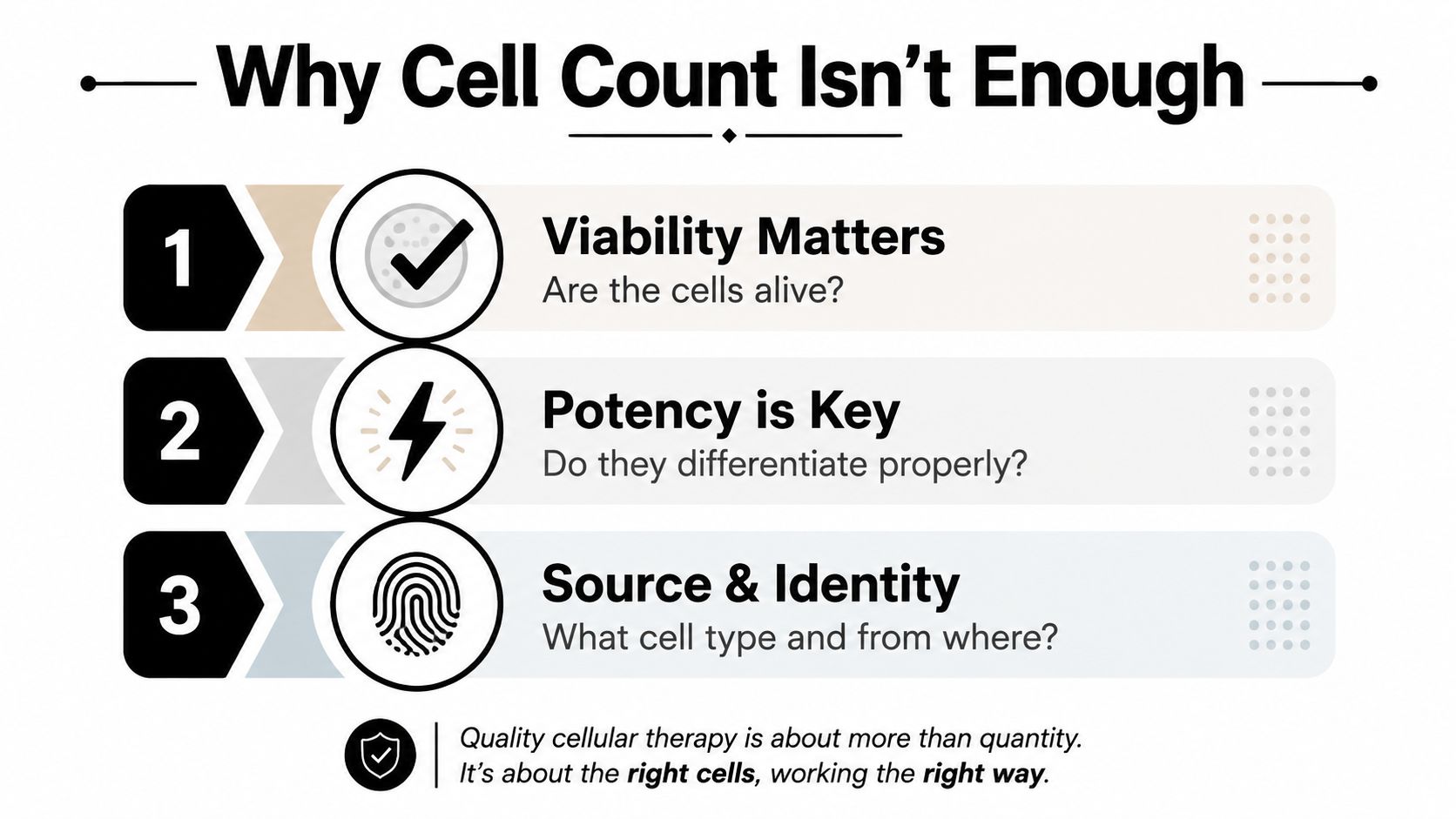 An infographic explaining that cellular therapy requires more than just counting cells, focusing on viability, potency, and identity.