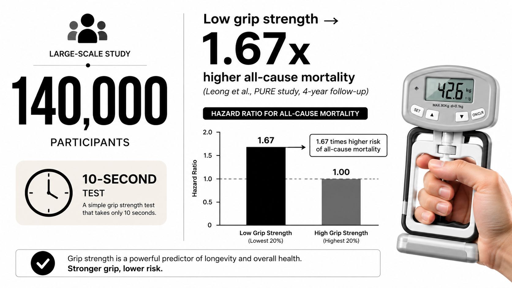 An infographic showing that low grip strength is associated with a 1.67 times higher risk of all-cause mortality.